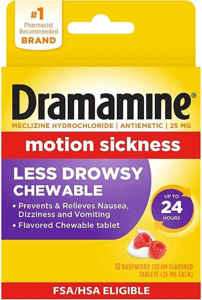 Dramamine Motion Sickness Less Drowsy Chewables, Raspberry Cream, 12 Count