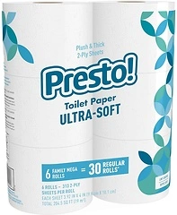 Amazon Brand - Presto! 2-Ply Ultra-Soft Toilet Paper, 6 Family Mega Rolls, 1878 Ct