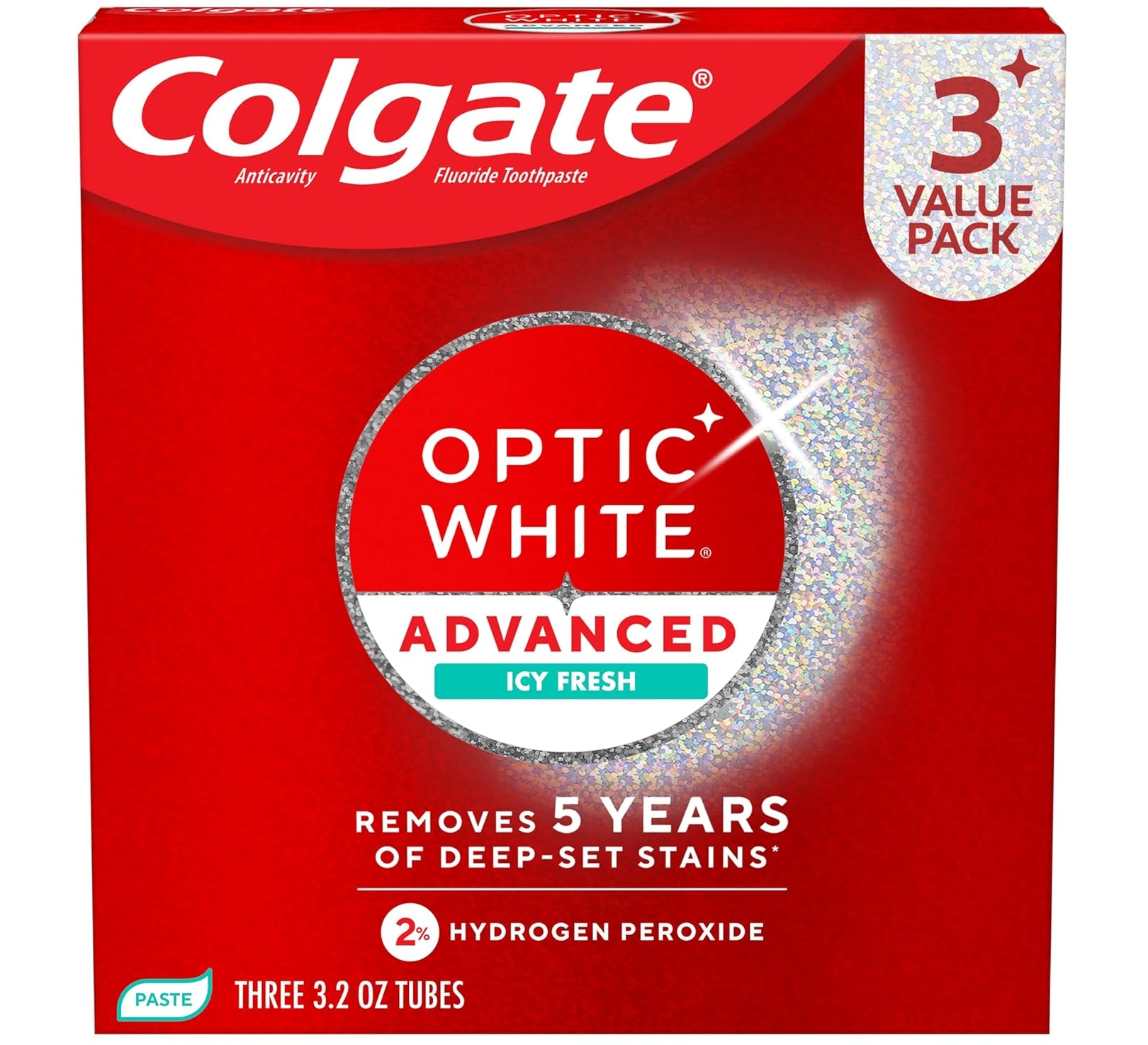 Colgate Optic White Advanced Hydrogen Peroxide Toothpaste, 3 Pack, 3.2 oz