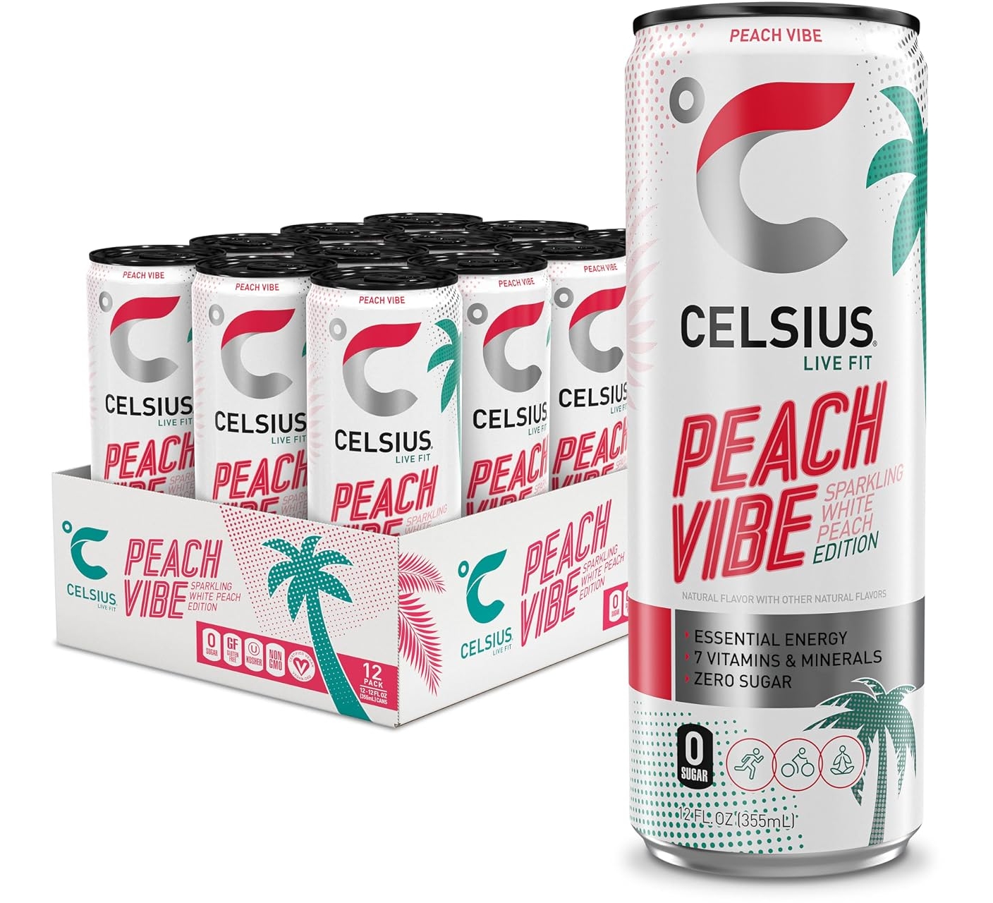 CELSIUS PEACH VIBE Sparkling White Peach, Sugar Free Energy Drink, 12 Fl Oz, 12 Pack