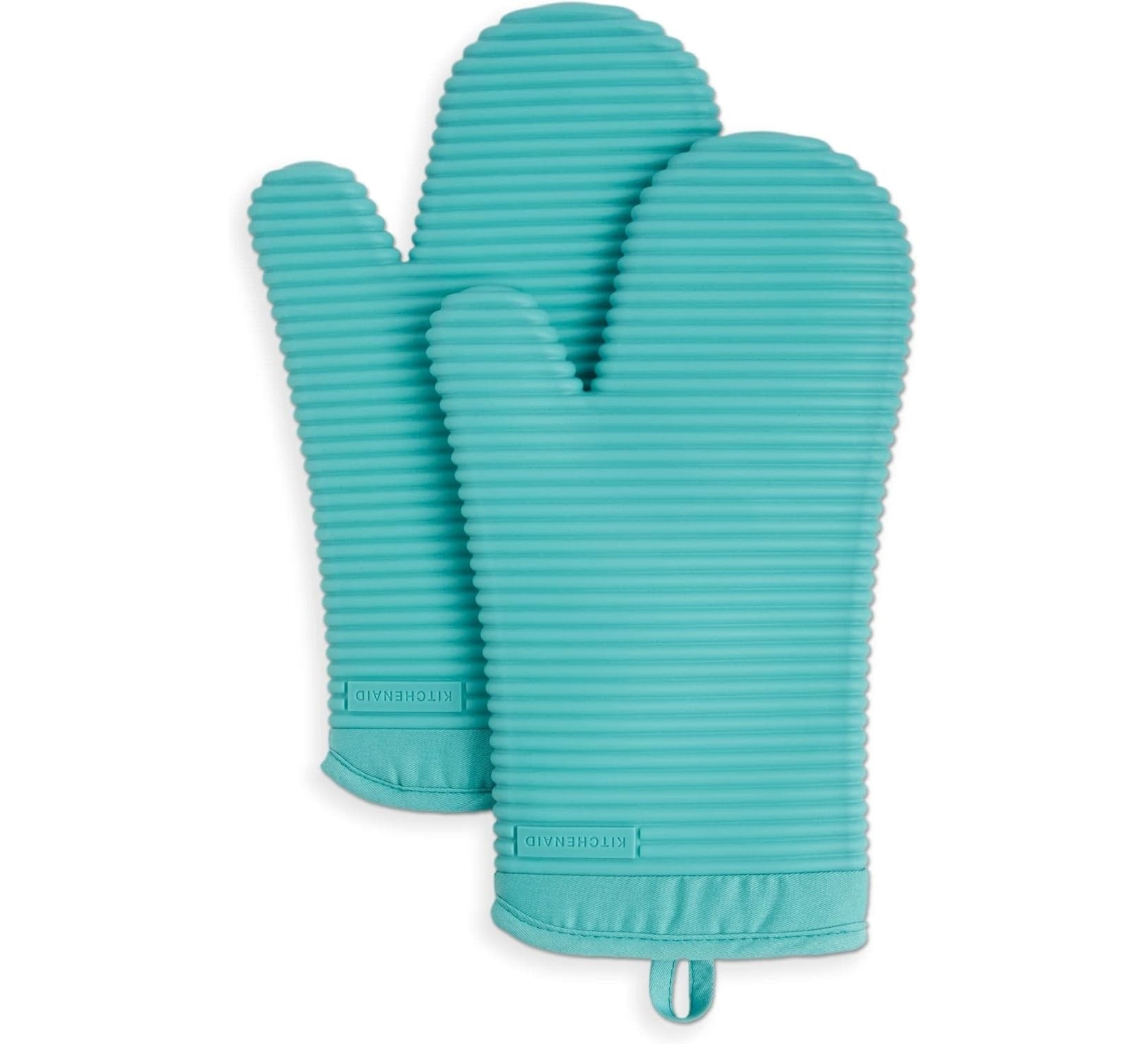 KITCHENAID Ribbed Soft Silicone Oven Mitt 2-Pack Set, 7.5"x13", Aqua Sky
