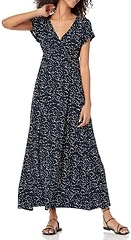 Essentials Women's V Neck Short Sleeve Waisted Maxi Dress, Navy Pink Abstract