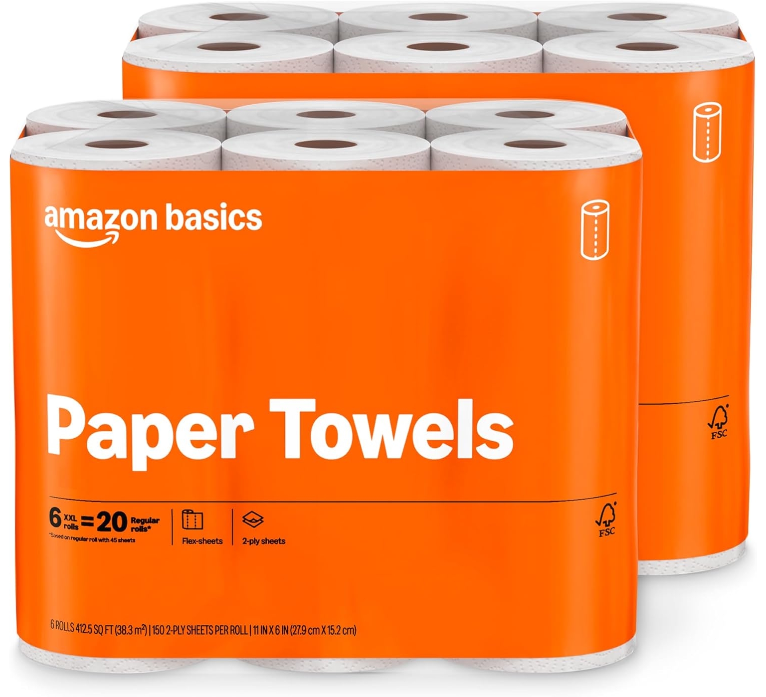 Amazon Basics 2-Ply Flex-Sheets Paper Towels, 12 Rolls, 150 Sheets per Roll