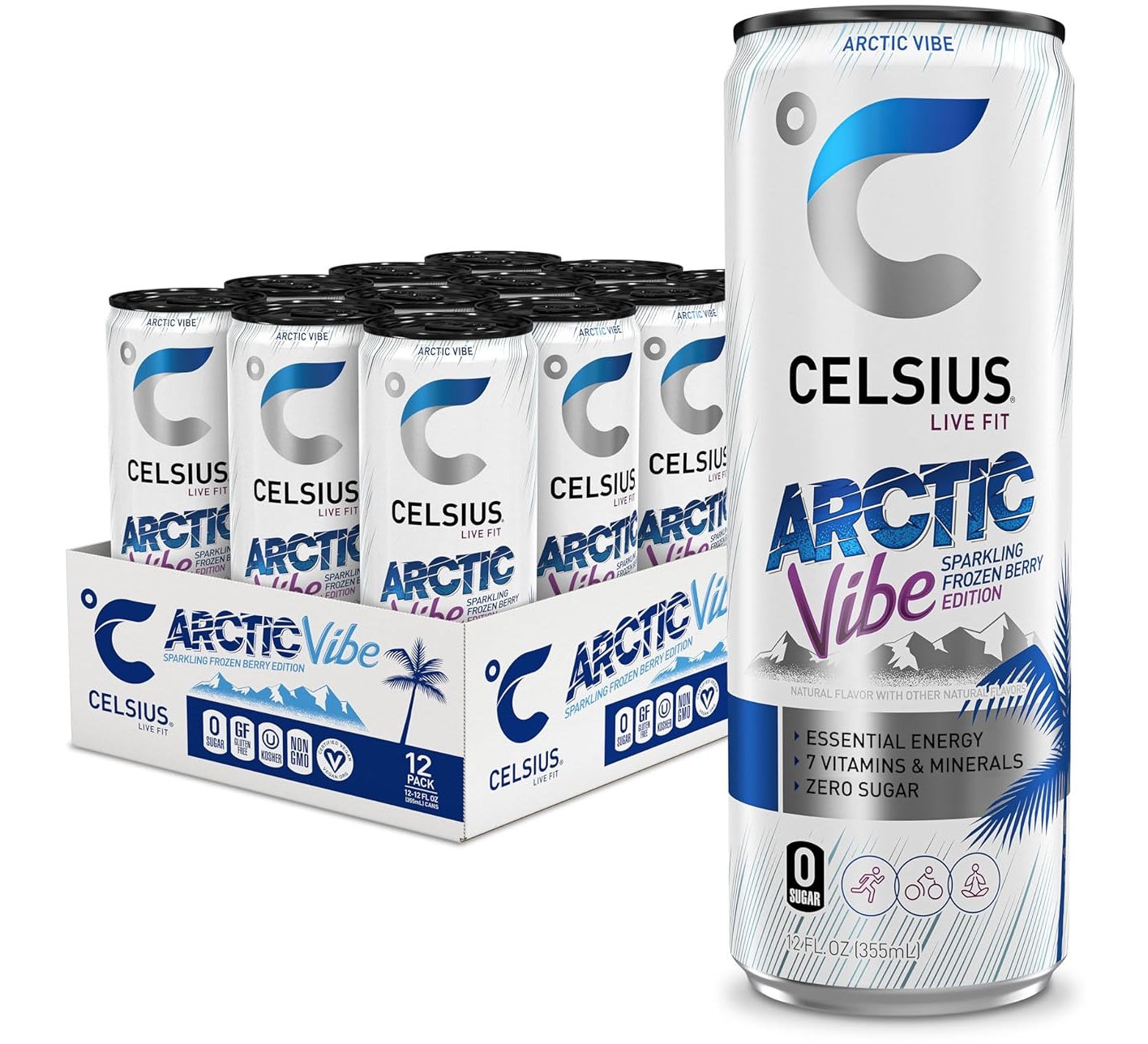 CELSIUS ARCTIC VIBE Sparkling Frozen Berry Sugar Free Energy Drink, 12 Fl Oz, 12 Pack