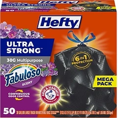 Hefty Ultra Strong 30 Gallon Trash Bags, Black, Fabuloso Scent, 50 Bags