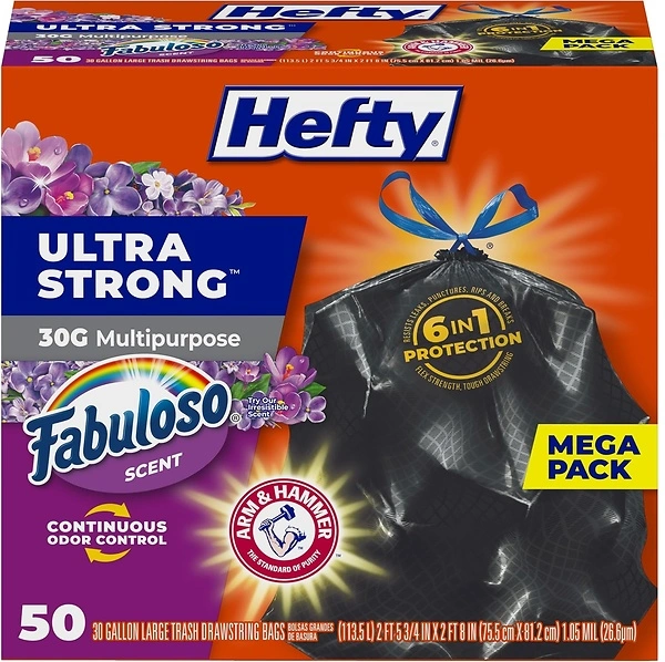 Hefty Ultra Strong 30 Gallon Trash Bags, Black, Fabuloso Scent, 50 Bags