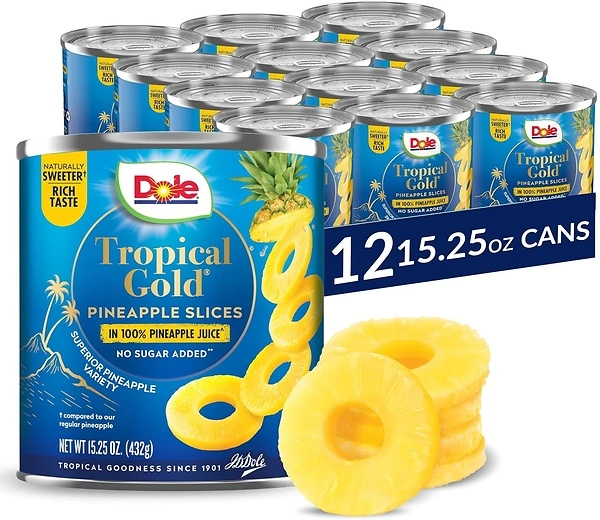 Dole Canned Tropical Gold Pineapple Slices in 100% Juice, 15.25 Oz, 12 Count