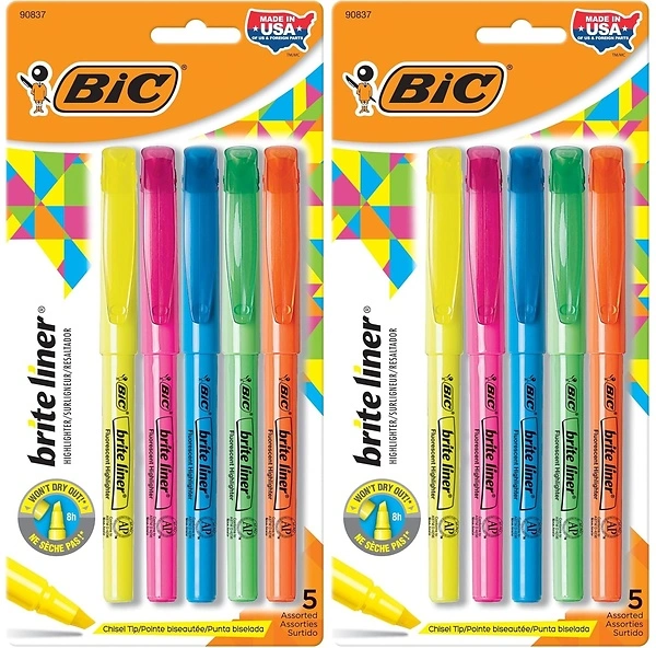 BIC Brite Liner Highlighters, Chisel Tip, 5-Count Assorted Colors Pack of 2
