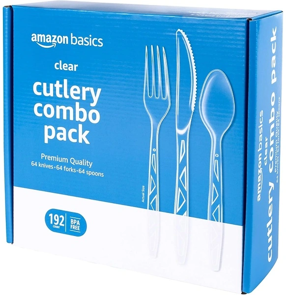 Amazon Basics Disposable Clear Plastic Cutlery Set, 192 Count, Forks, Spoons, Knives
