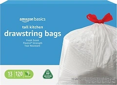 Amazon Basics 13 Gallon Tall Kitchen Drawstring Trash Bags, 120 Count