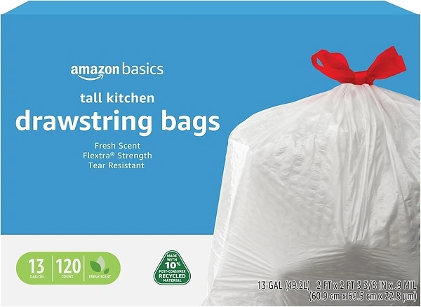 Amazon Basics 13 Gallon Tall Kitchen Drawstring Trash Bags, 120 Count