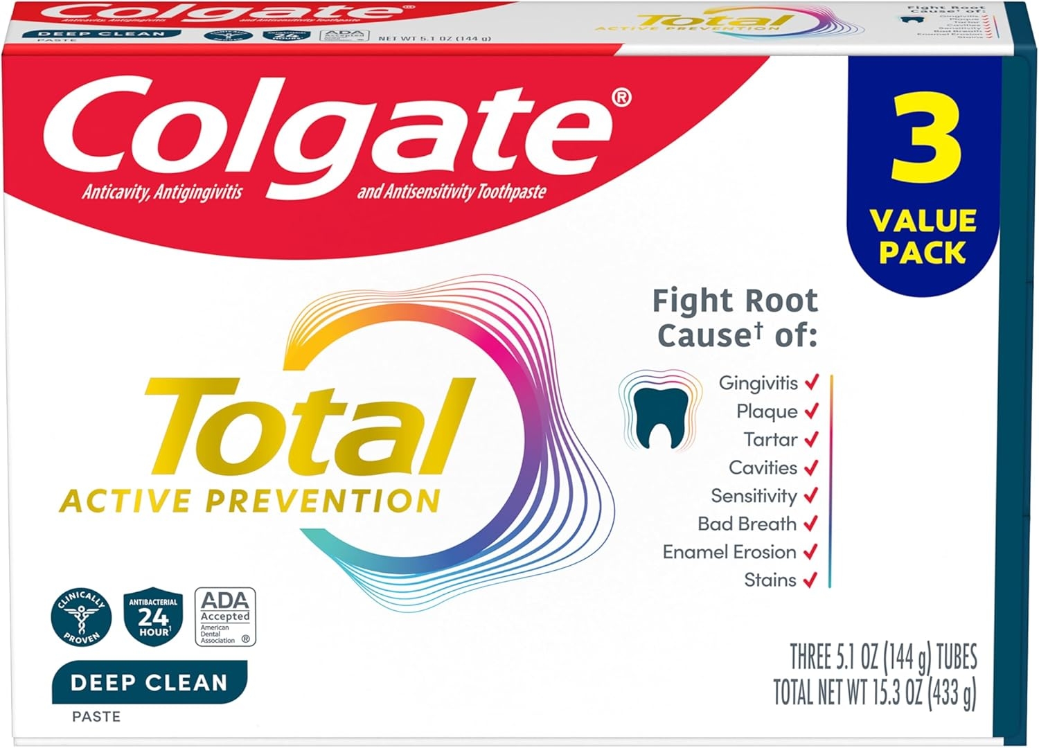 Colgate Total Active Prevention Deep Clean Toothpaste, Mint, 3 Pack, 5.1 oz