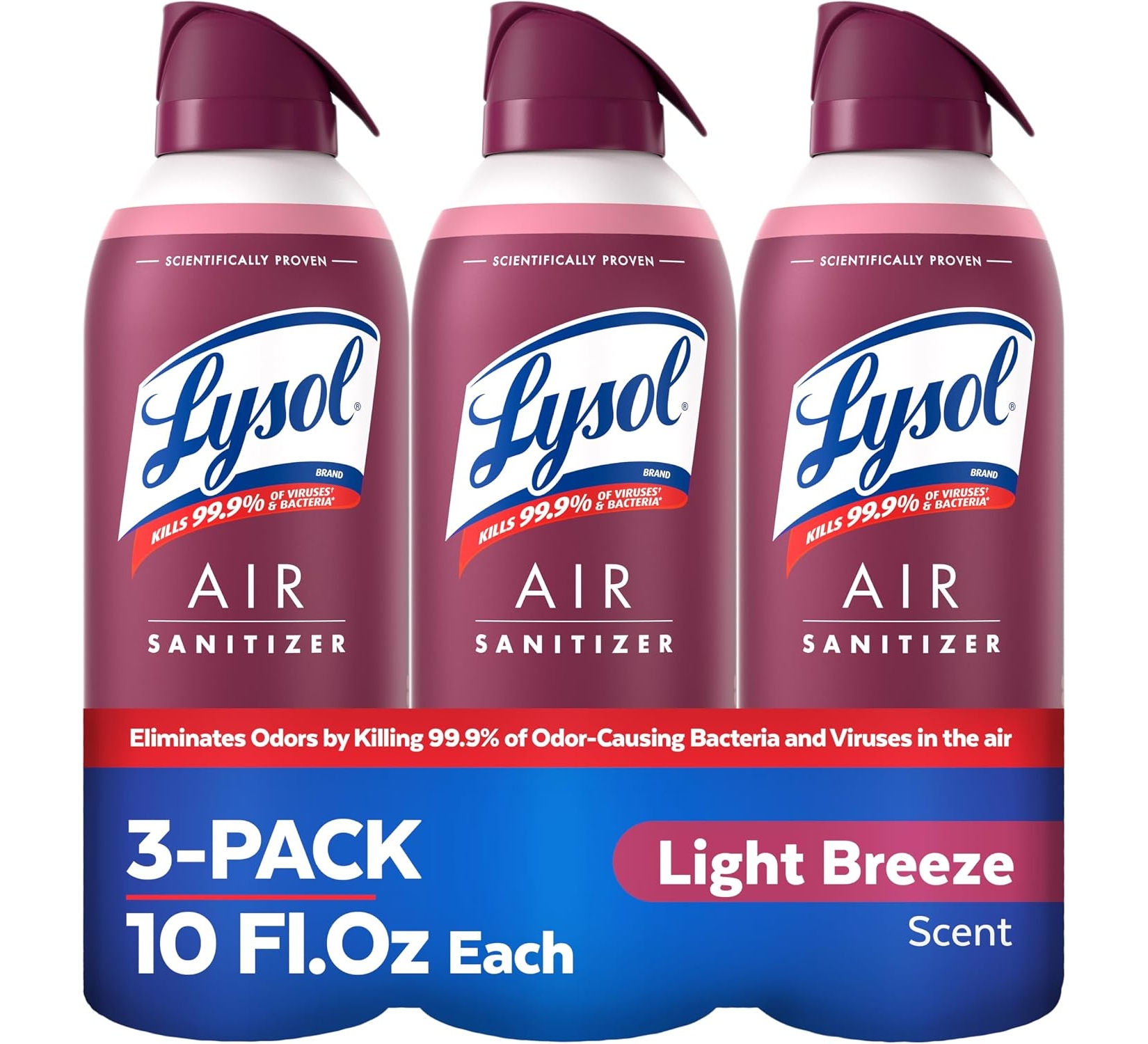 Lysol Air Sanitizer Spray with Bacterial Odor Eliminator, Light Breeze, 10 oz, 3 Pack