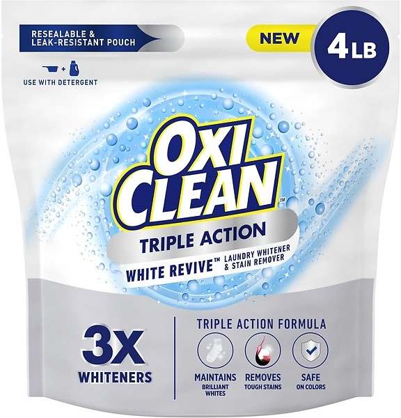 OxiClean Triple Action White Revive Laundry Whitener, 4 lbs, Stain Remover Powder