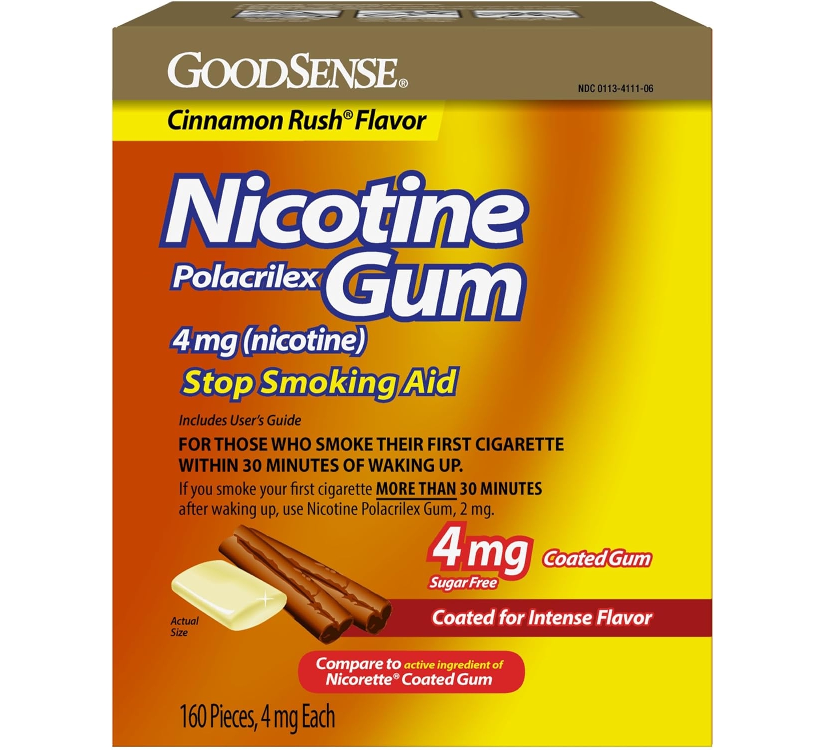 Coated Nicotine Polacrilex Gum, 4 mg, Soft Cinnamon, Sugar Free, Stop Smoking Aid