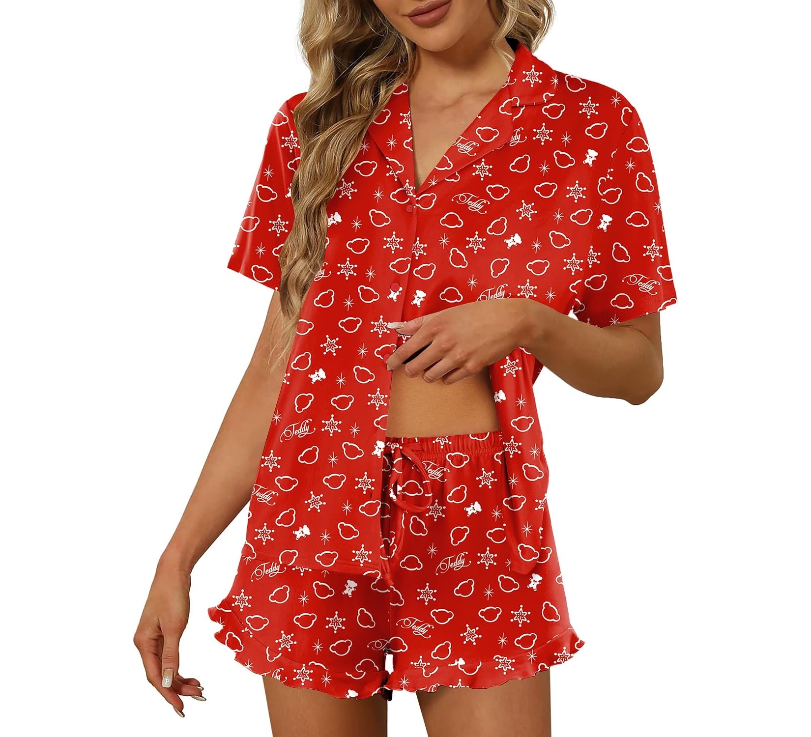 Ekouaer Women's Pajama Set, Short Sleeve Button Down Pjs, Soft Nightwear, Large