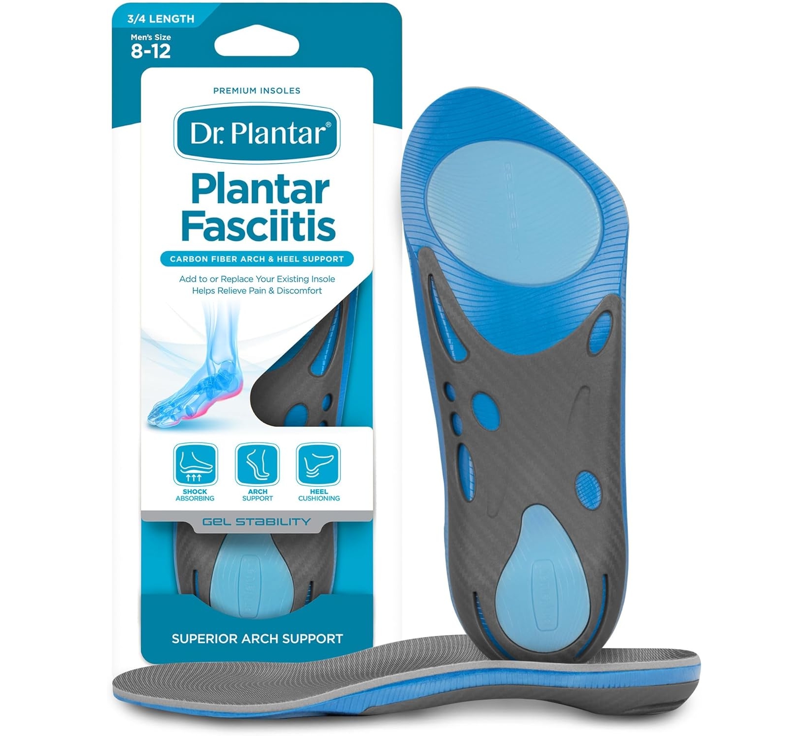 Dr. Plantar Insoles for Men, Arch Support, Memory Foam, Sizes 8-12, 3/4 Length