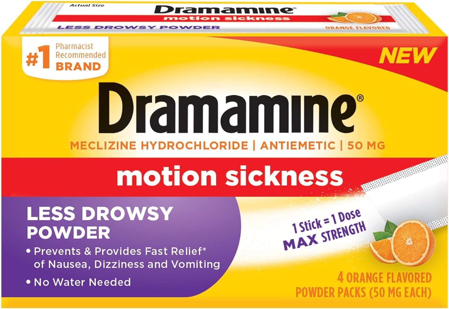 Dramamine Less Drowsy Powder, Max Strength Motion Sickness Relief, 4 Stick Packs