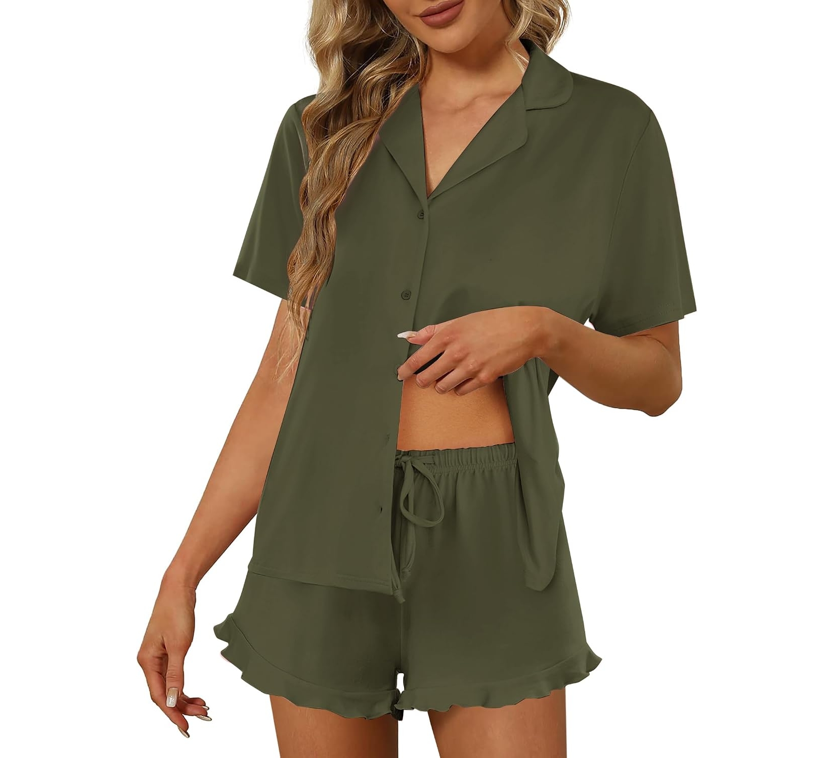 Ekouaer Women’s Pajamas Set, Short Sleeve Sleepwear, Button Down, Army Green, XS