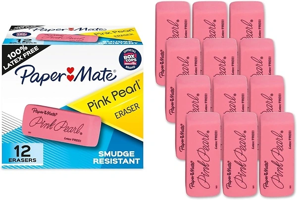 Paper Mate Pink Pearl Erasers, 12 Count - Latex Free and Smudge Resistant