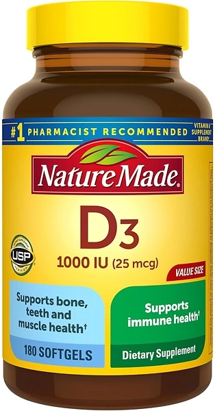 Nature Made Vitamin D3 1000 IU (25 mcg), 180 Softgels for Bone and Immune Health