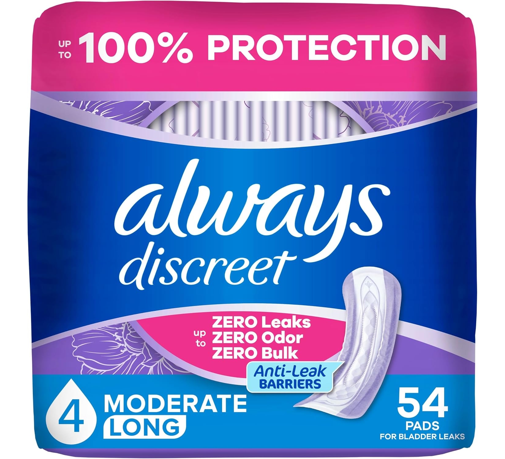 Always Discreet Adult Incontinence Pads for Women, 4 Drop Long, 54ct