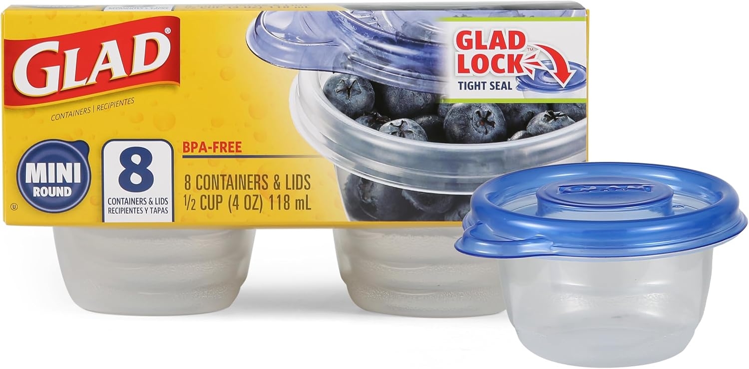 Glad GladWare Mini Round Food Storage Containers, 4 Oz, 8 Count, BPA Free