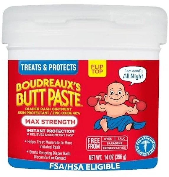 Boudreaux's Butt Paste Max Strength Diaper Rash Cream, 14 oz Flip-Top Jar