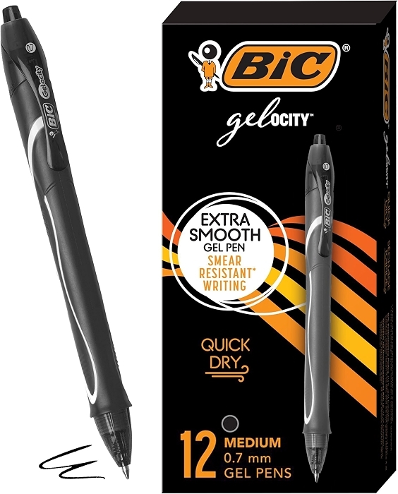 BIC Gelocity Quick Dry Black Gel Pens, Medium Point (0.7 mm), 12-Count Pack