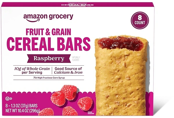 Amazon Grocery, Fruit & Grain Cereal Bars, Raspberry, 1.3 Oz, 8 Ct
