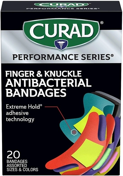 Curad Performance Series Fingertip and Knuckle Antibacterial Bandages, Extreme Hold Adhesive Technology, Fabric Bandages, 20 Count
