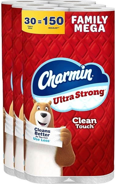 Charmin Ultra Strong Clean Touch Toilet Paper, 30 Family Mega Rolls 150 Regular Rolls