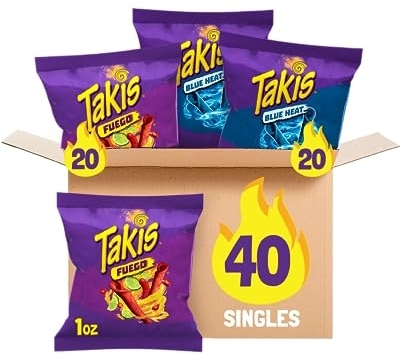 Takis Assorted Pack, 40 pc (20 Fuego & 20 Blue Heat) Rolled Tortilla Chips