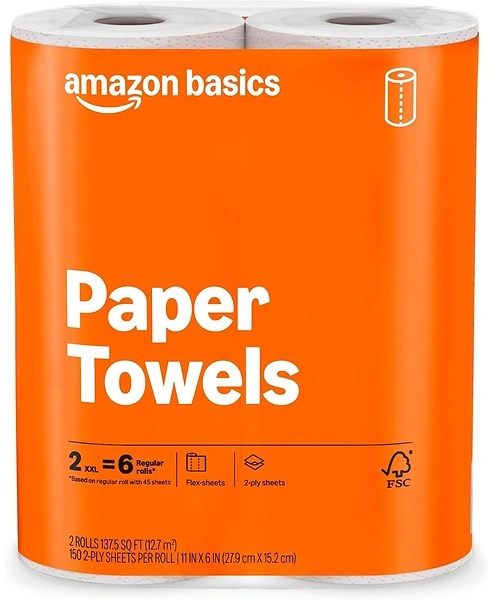 Amazon Basics 2-Ply Flex-Sheets Paper Towels, 2-Pack, 150 Sheets per Roll