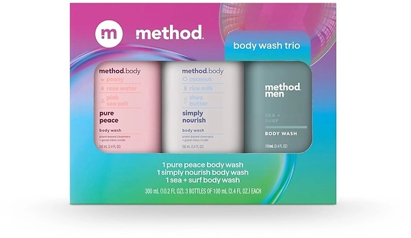 Method Body Wash Gift Set, Pure Peace, Simply Nourish, Sea + Surf, 3.4 oz Bottles