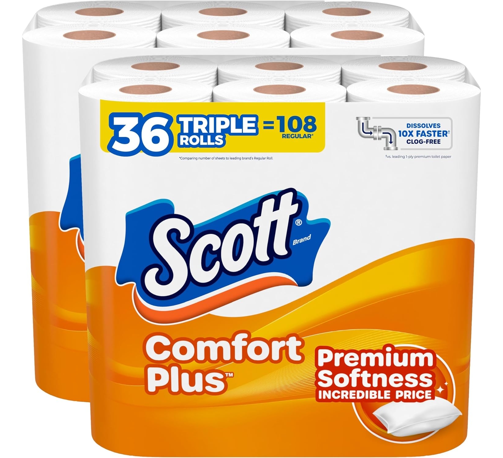 Scott ComfortPlus Toilet Paper, 36 Triple Rolls, 231 Sheets per Roll, 1-Ply