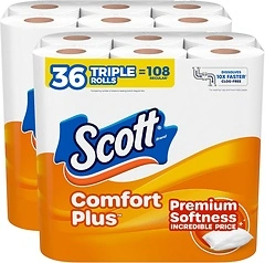 Scott ComfortPlus Toilet Paper, 36 Triple Rolls, 231 Sheets per Roll, 1-Ply