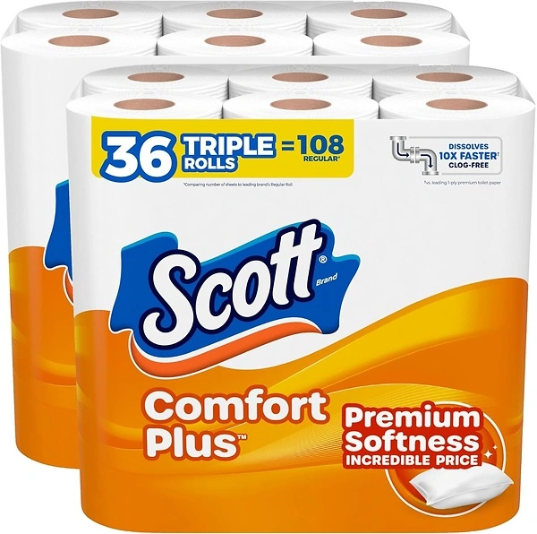 Scott ComfortPlus Toilet Paper, 36 Triple Rolls, 231 Sheets per Roll, 1-Ply