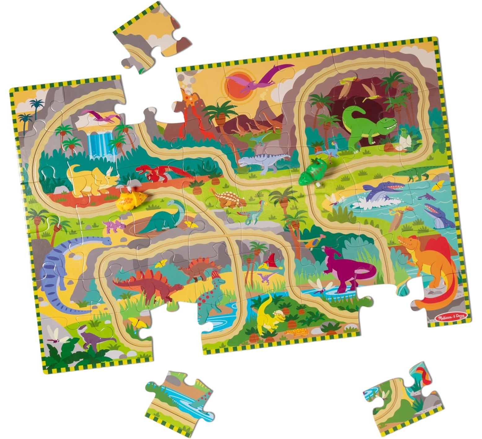 Melissa & Doug Dinosaur Adventure Tracks Jigsaw Puzzle and 2 Wind-Up Dinos, 48 Pcs