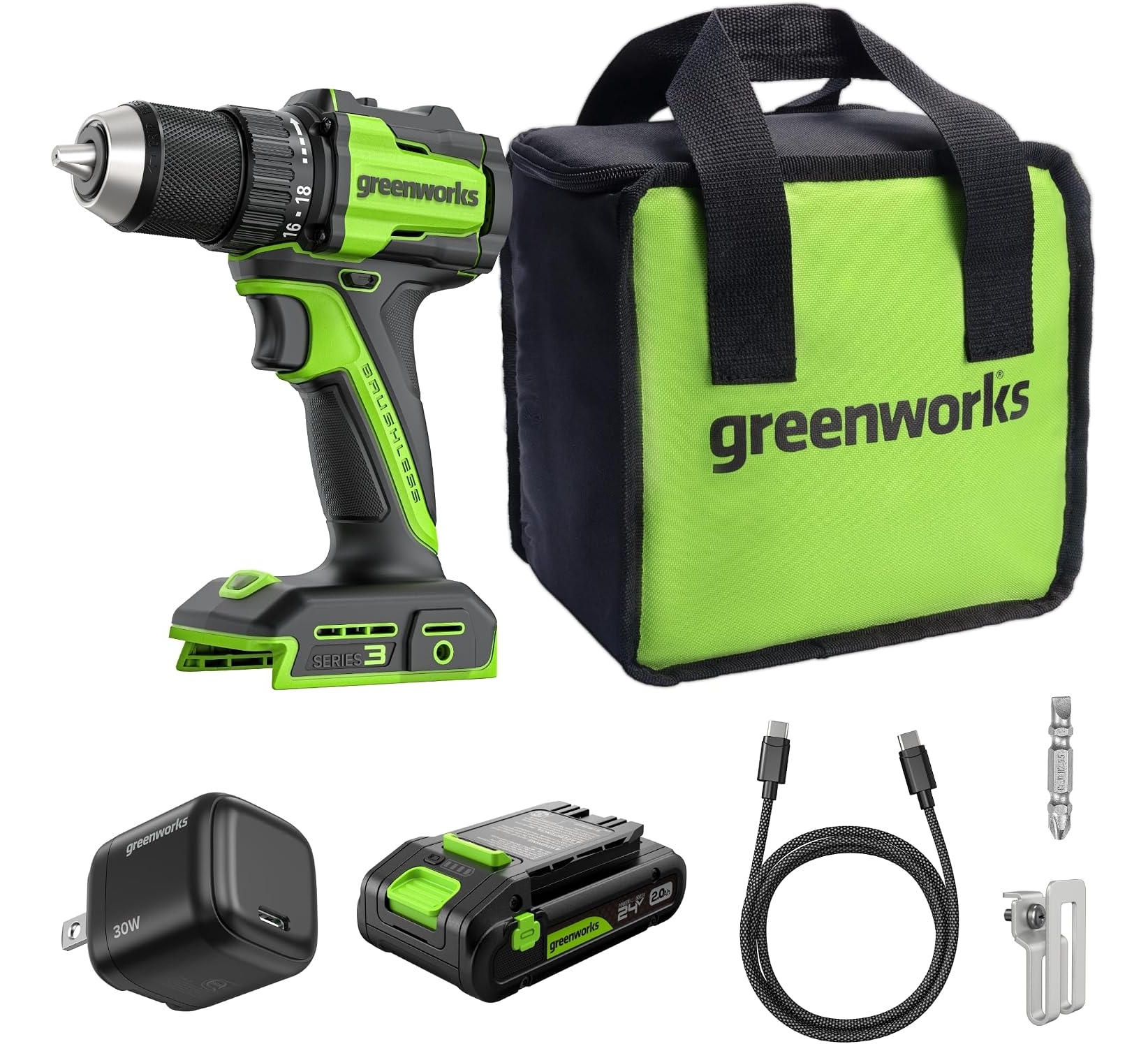 GREENWORKS 24V 1/2" Brushless Cordless Drill (400 In-lbs.), 2.0Ah Battery