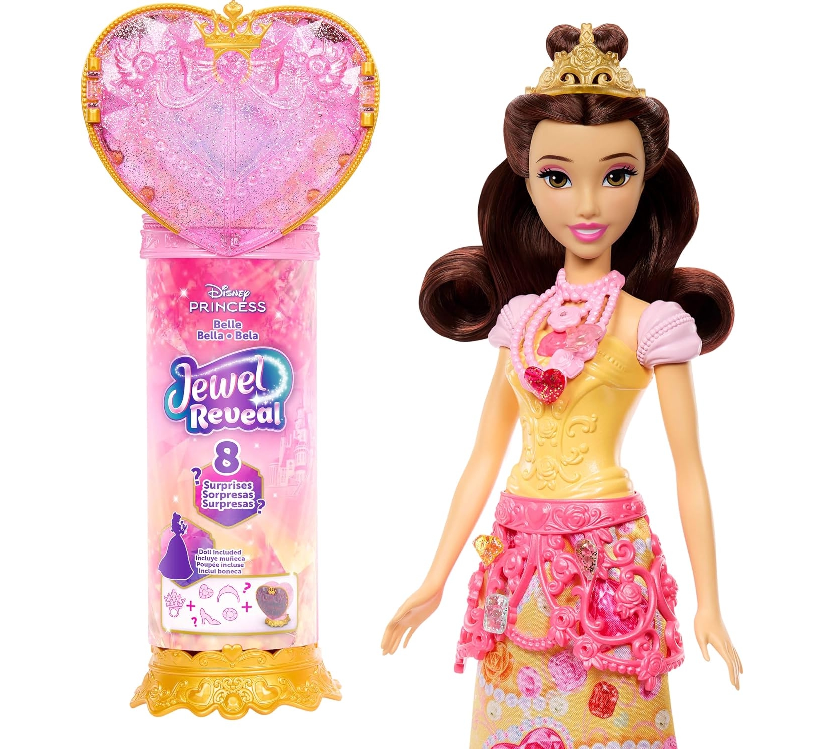 Mattel Disney Princess Belle Fashion Doll & Accessories, 8 Surprises, 9 Pieces