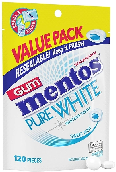 Mentos Pure White Sugar-Free Chewing Gum With Xylitol, Sweet Mint, 120 Pieces