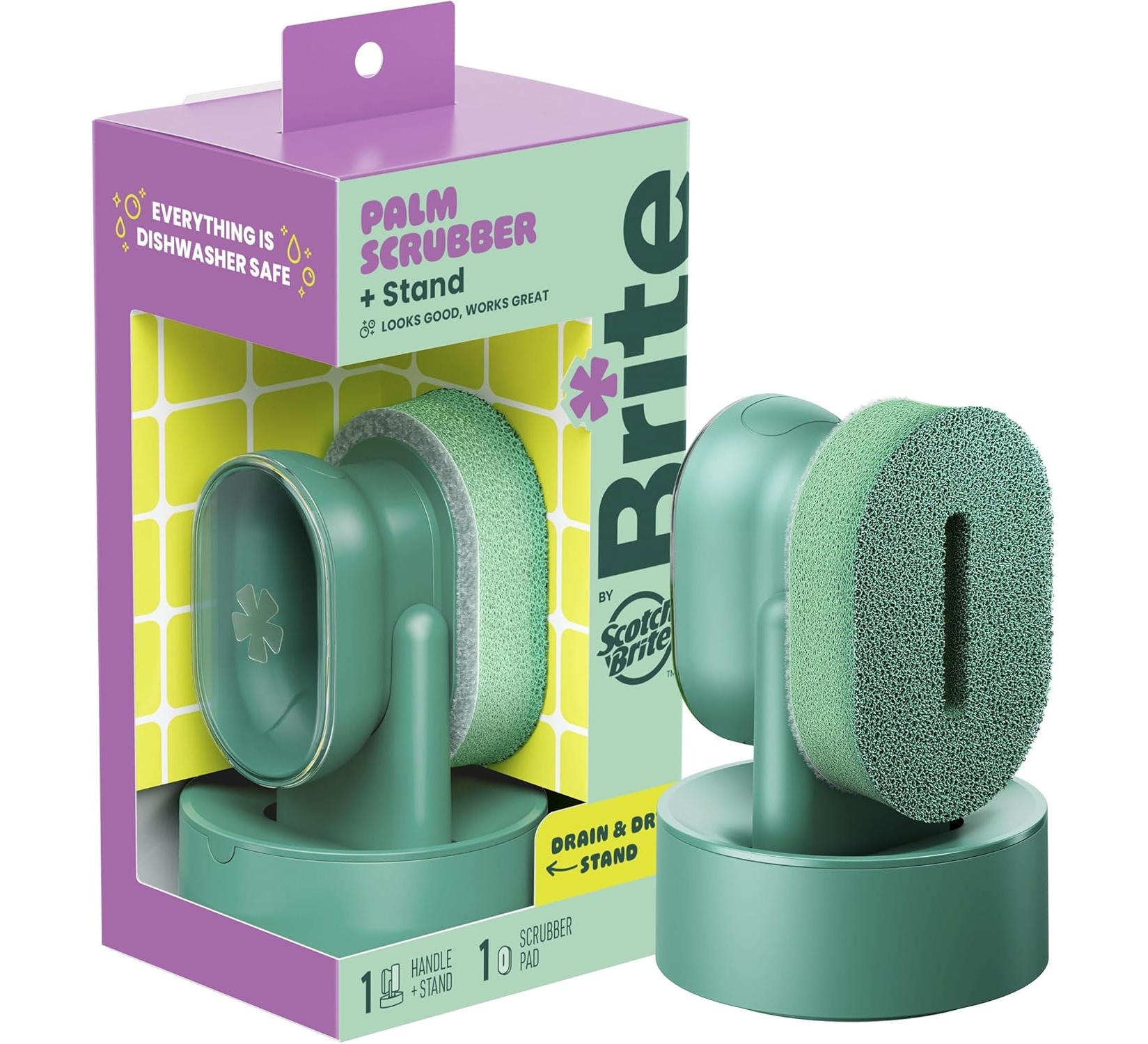 Brite by Scotch-Brite Palm Scrubber with Drain + Dry Stand, Kitchen Sponge