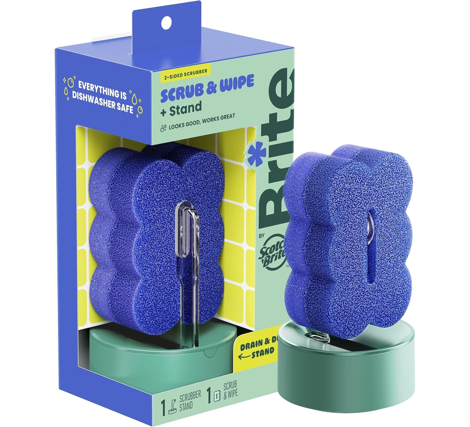 Brite by Scotch-Brite Scrub & Wipe with Drain + Dry Stand, Kitchen Sponge