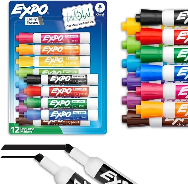 EXPO Dry Erase Markers, Low Odor Ink, Assorted Colors, Chisel Tip, 12 Count