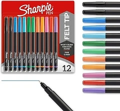 Sharpie Felt Tip Pens, Fine Point (0.4mm), Assorted Colors, 12 Count