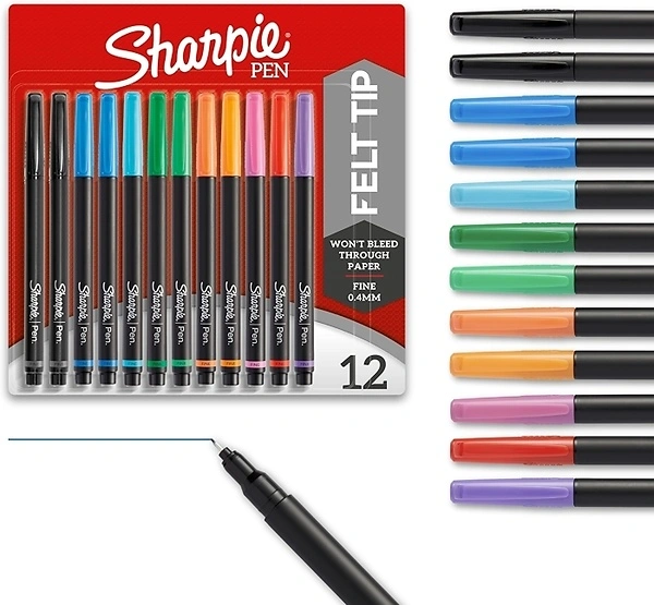 Sharpie Felt Tip Pens, Fine Point (0.4mm), Assorted Colors, 12 Count