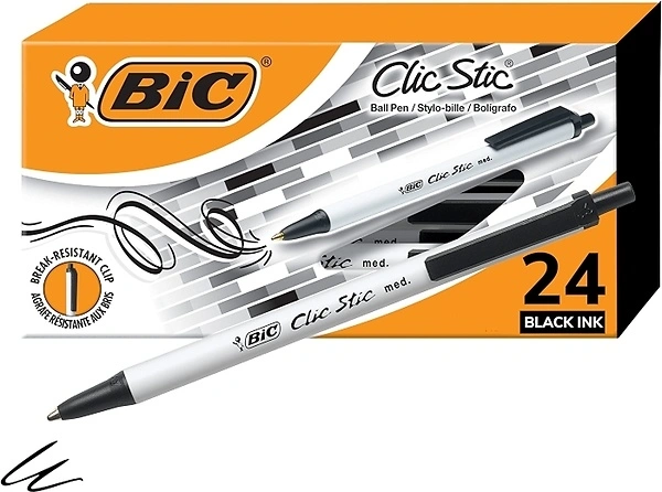 BIC Clic Stic Black Retractable Ballpoint Pens, Medium Point, 24-Count
