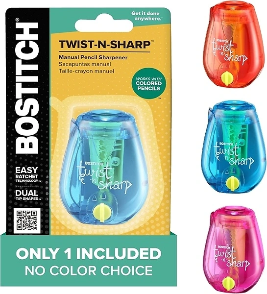 Bostitch Office Manual Pencil Sharpener, Twist-n-Sharp, Assorted Color