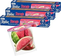 Ziploc 2 Gallon Food Storage Bags, 36 Total Bags (12 Count, 3-Pack)